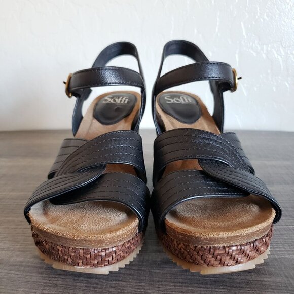 Sofft Clarissa Leather Basketweave Wedge Ankle Strap Sandal Black Sz Women's 9.5 - Picture 2 of 10